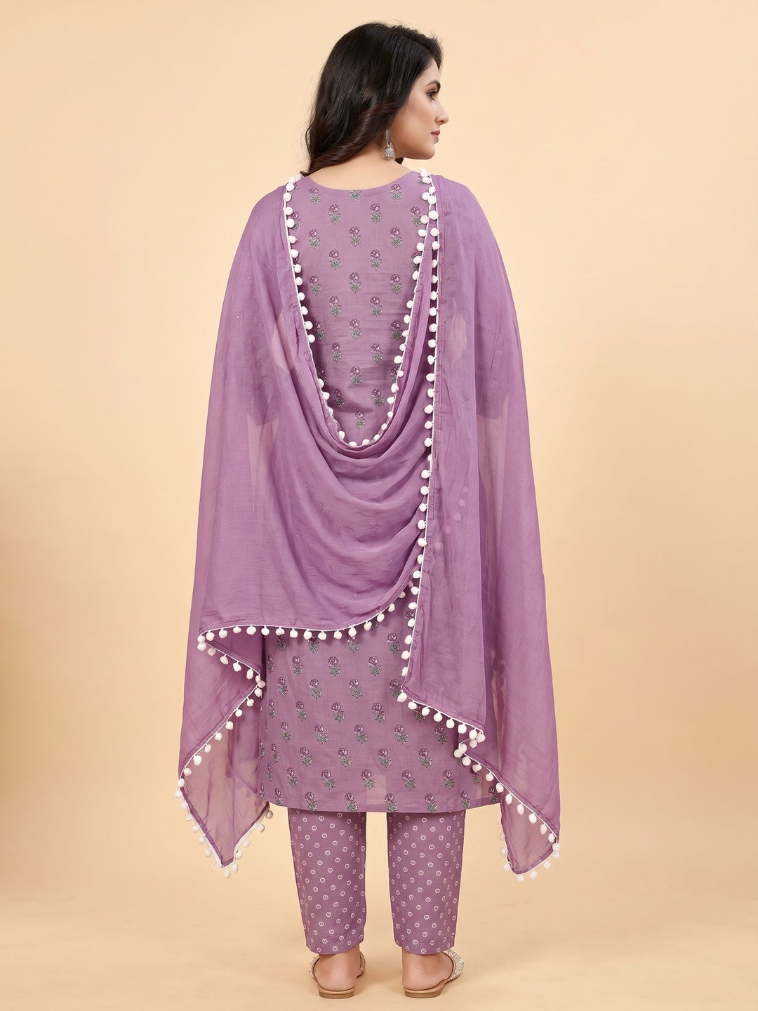 Purple Printed With Yoke Embroidered Pure Cotton Dress Material - Image 3