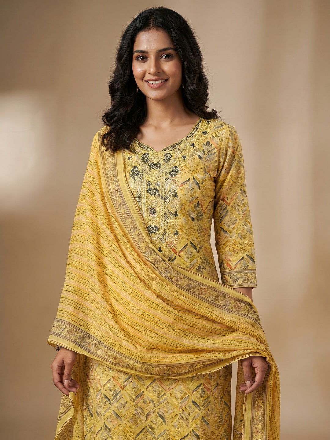 Yellow Printed With Embroidery Pure Cotton Dress Material - Image 1