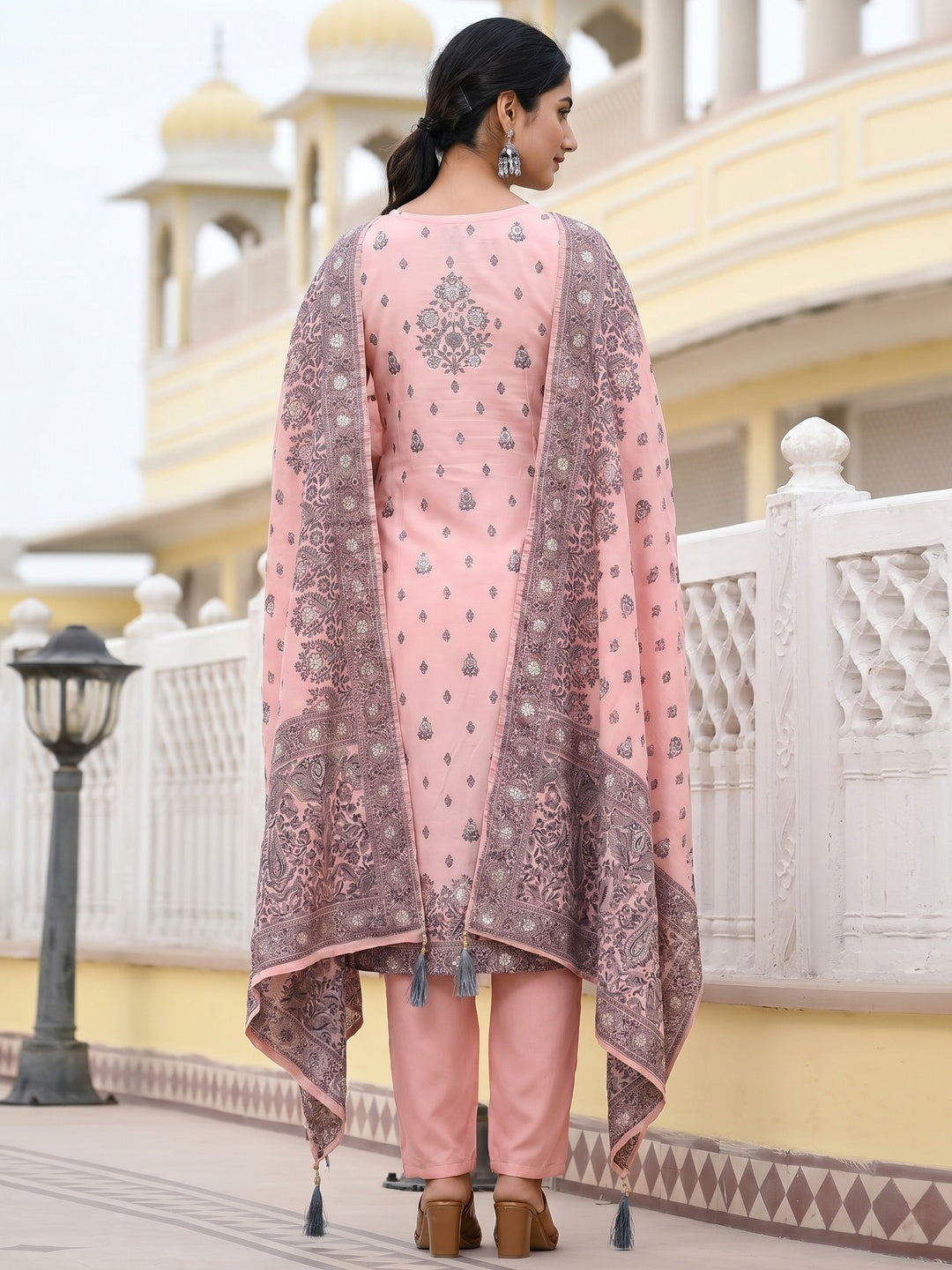 Peach Floral Woven Viscose Salwar Suit - Image 1