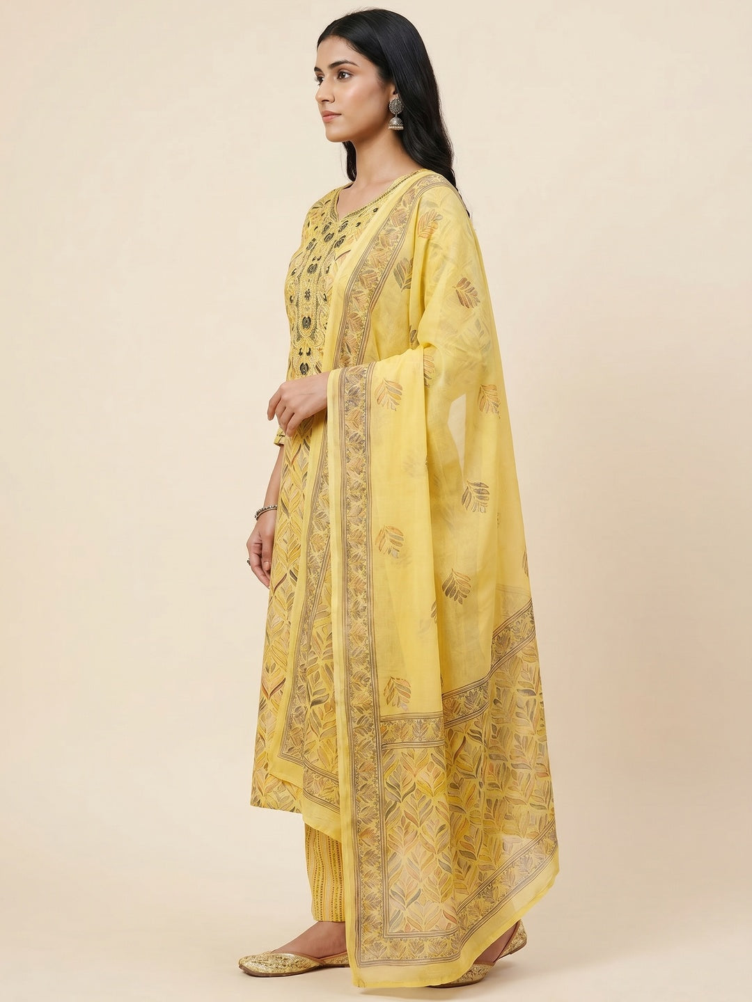 Yellow Printed With Embroidery Pure Cotton Dress Material - Image 3