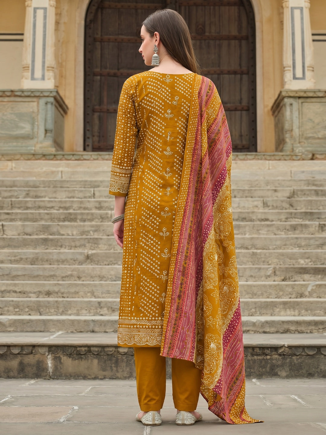 Mustard Bandhani Printed Pure Cotton Dress Material - Image 1
