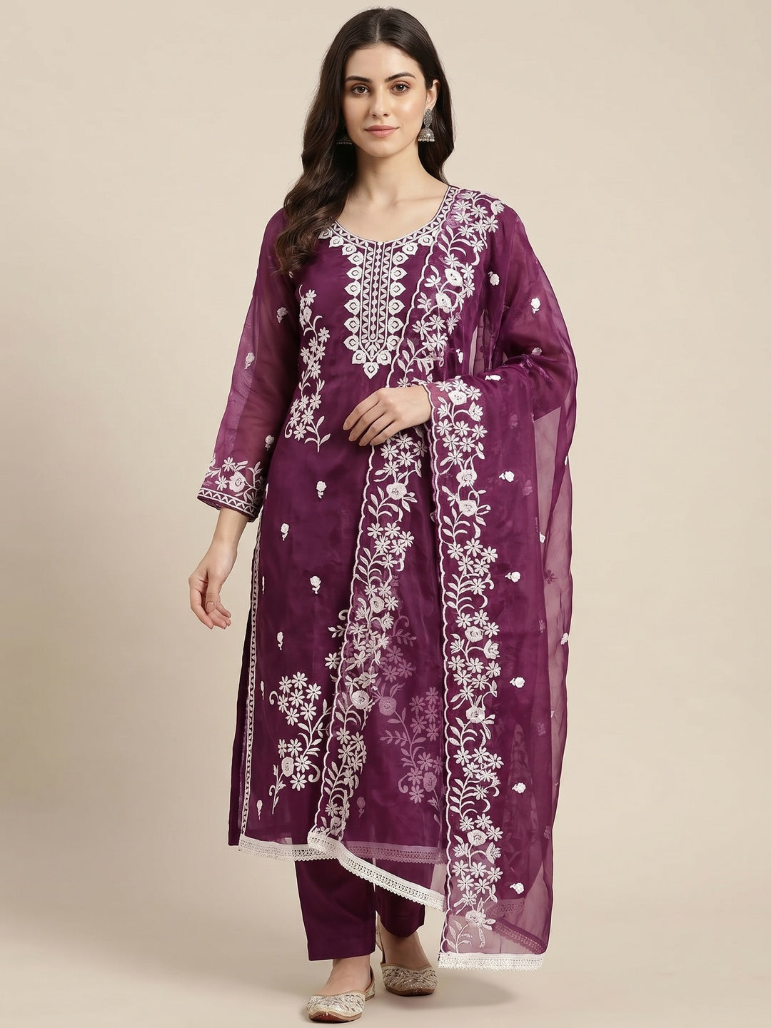 Purple Floral Embroidered Organza Dress Material - Image 1