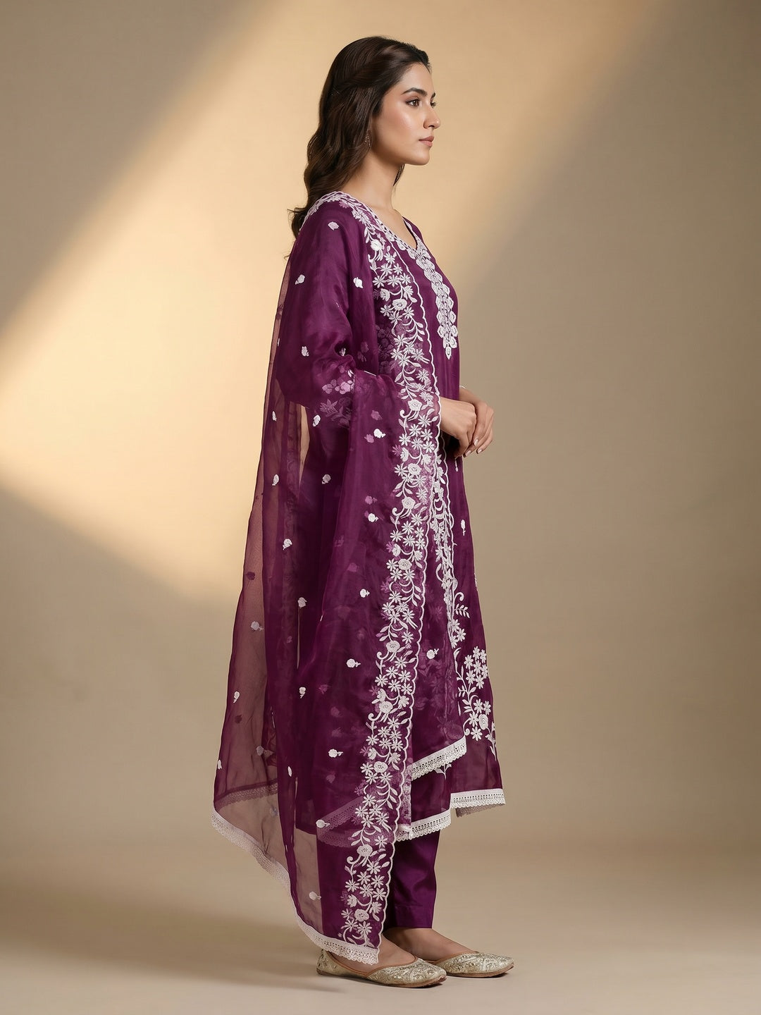 Purple Floral Embroidered Organza Dress Material - Image 2