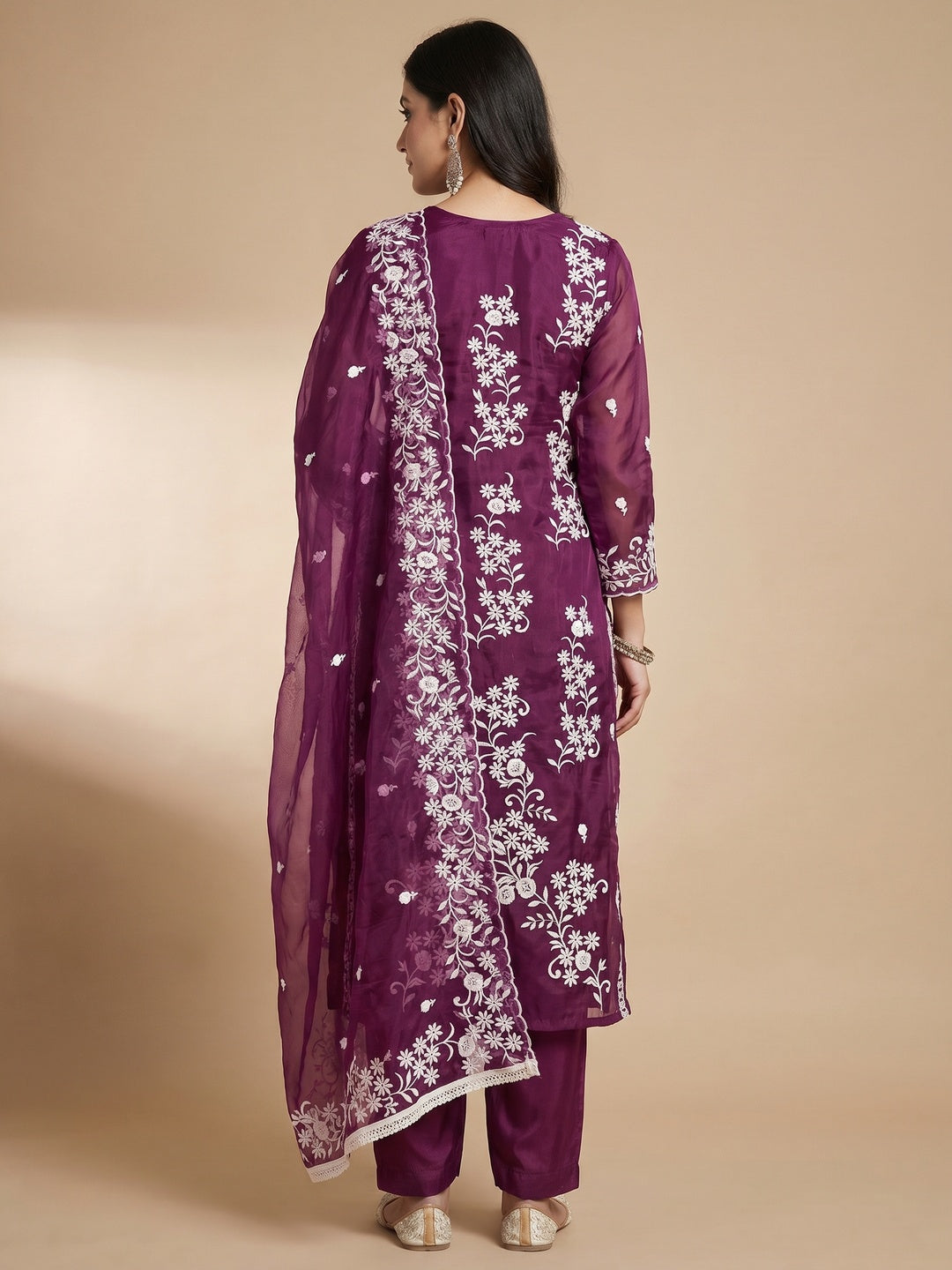 Purple Floral Embroidered Organza Dress Material - Image 3