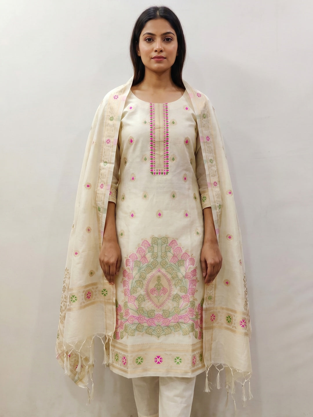 Off White Floral Woven Chanderi Dress Material - Image 1