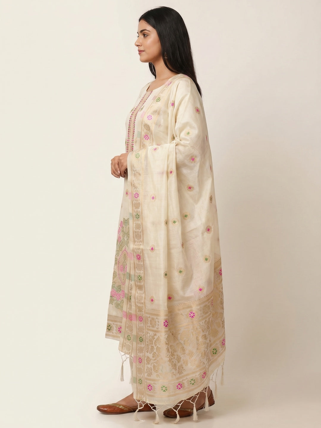 Off White Floral Woven Chanderi Dress Material - Image 2