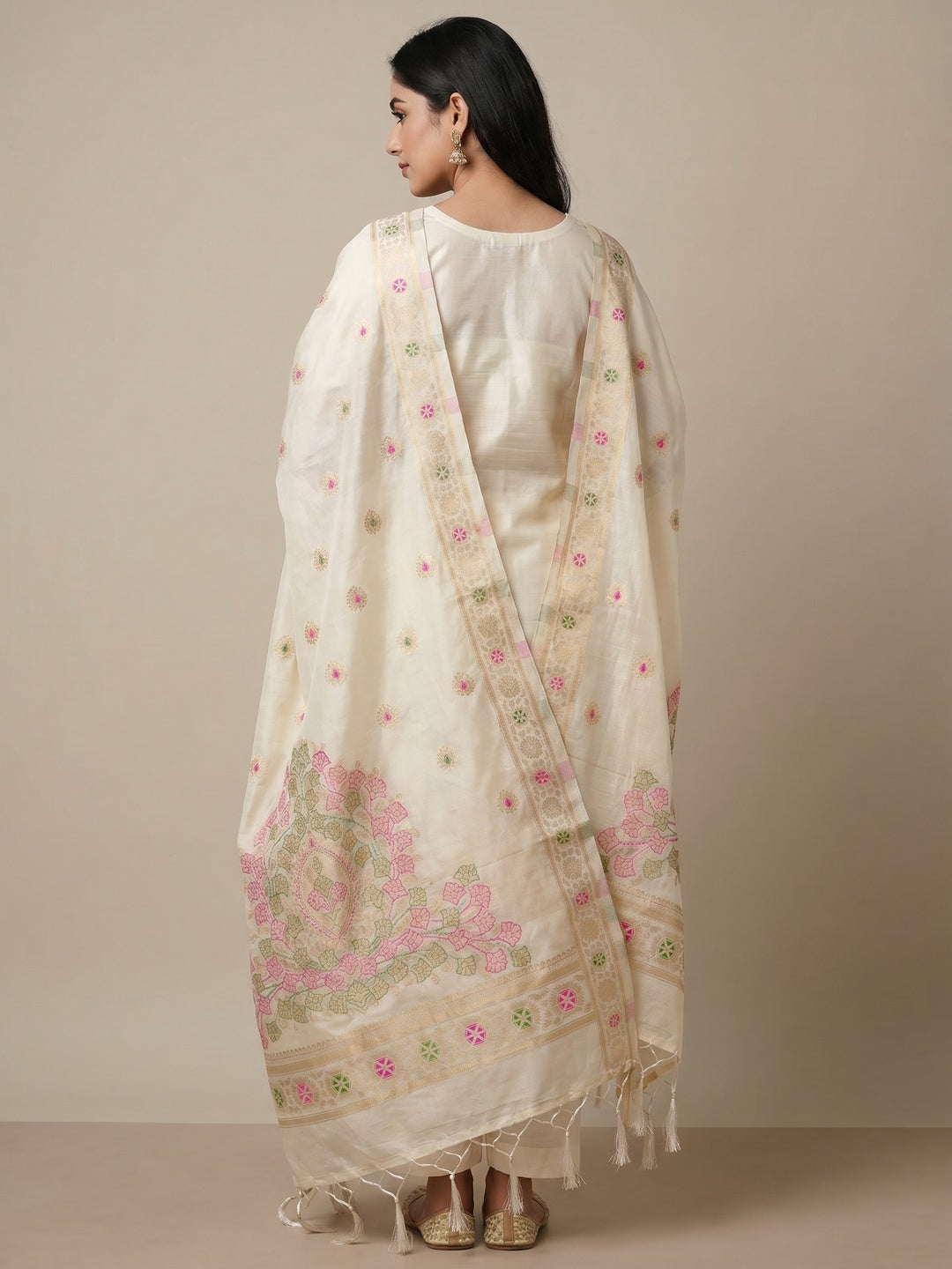 Off White Floral Woven Chanderi Dress Material - Image 3