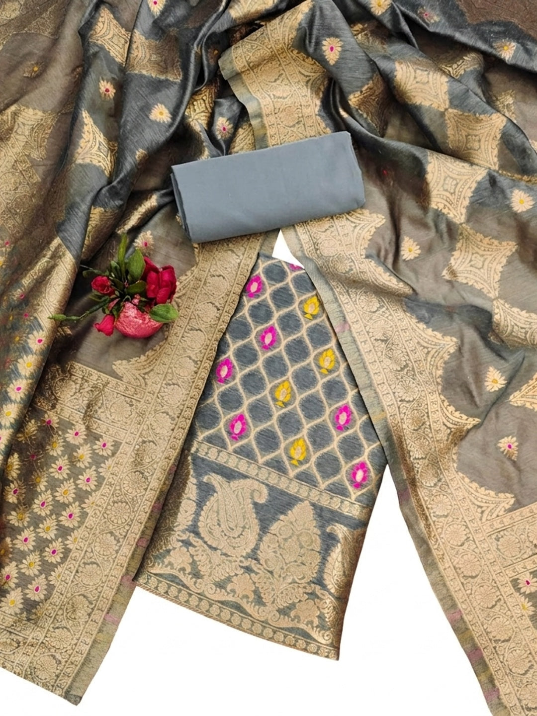 Grey Woven Chanderi Dress Material - Image 2