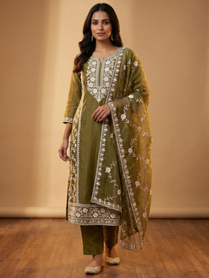 Mehendi Green Floral Embroidered Organza Dress Material - Image 1