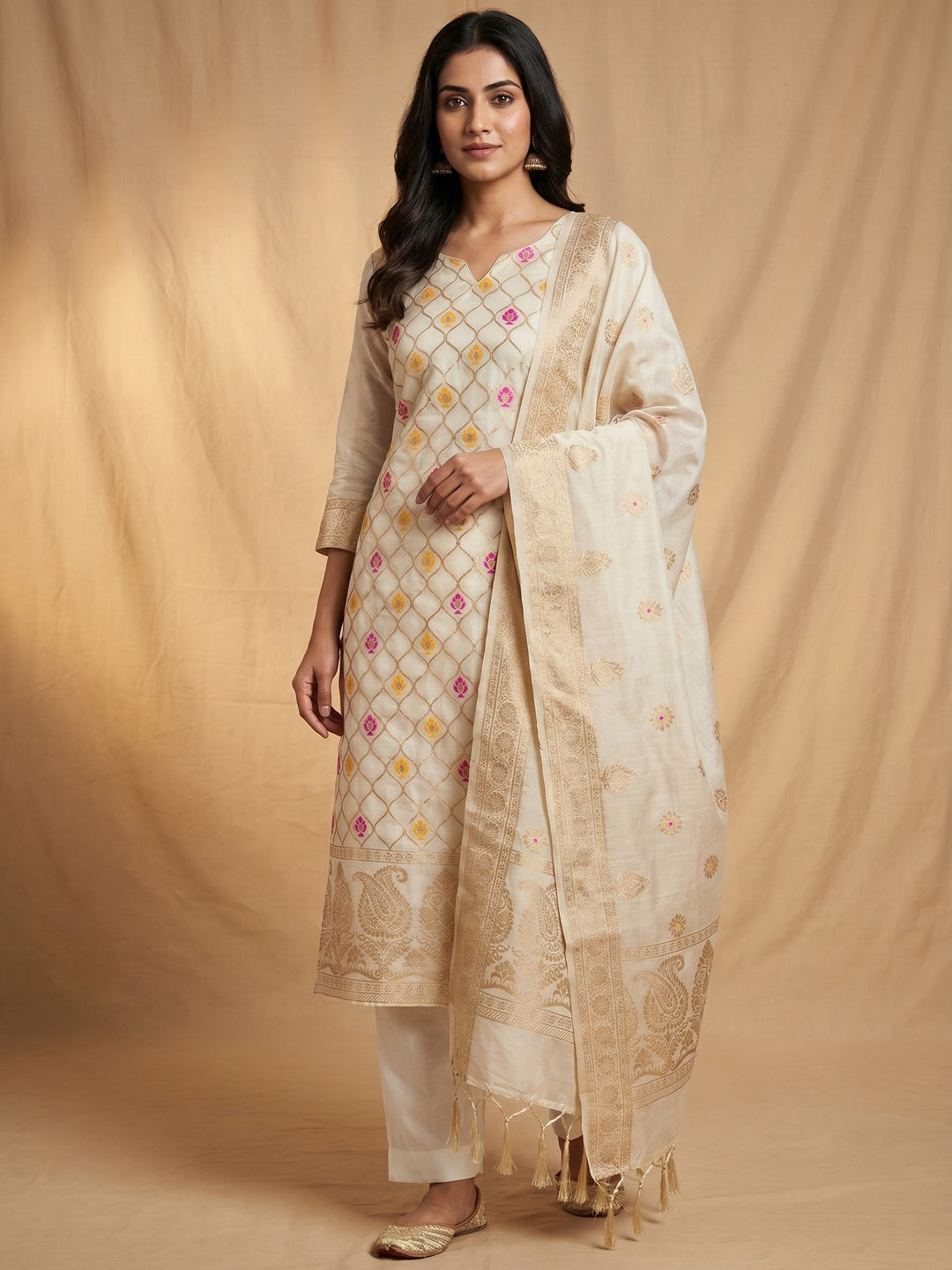 Off White Woven Chanderi Dress Material - Image 1