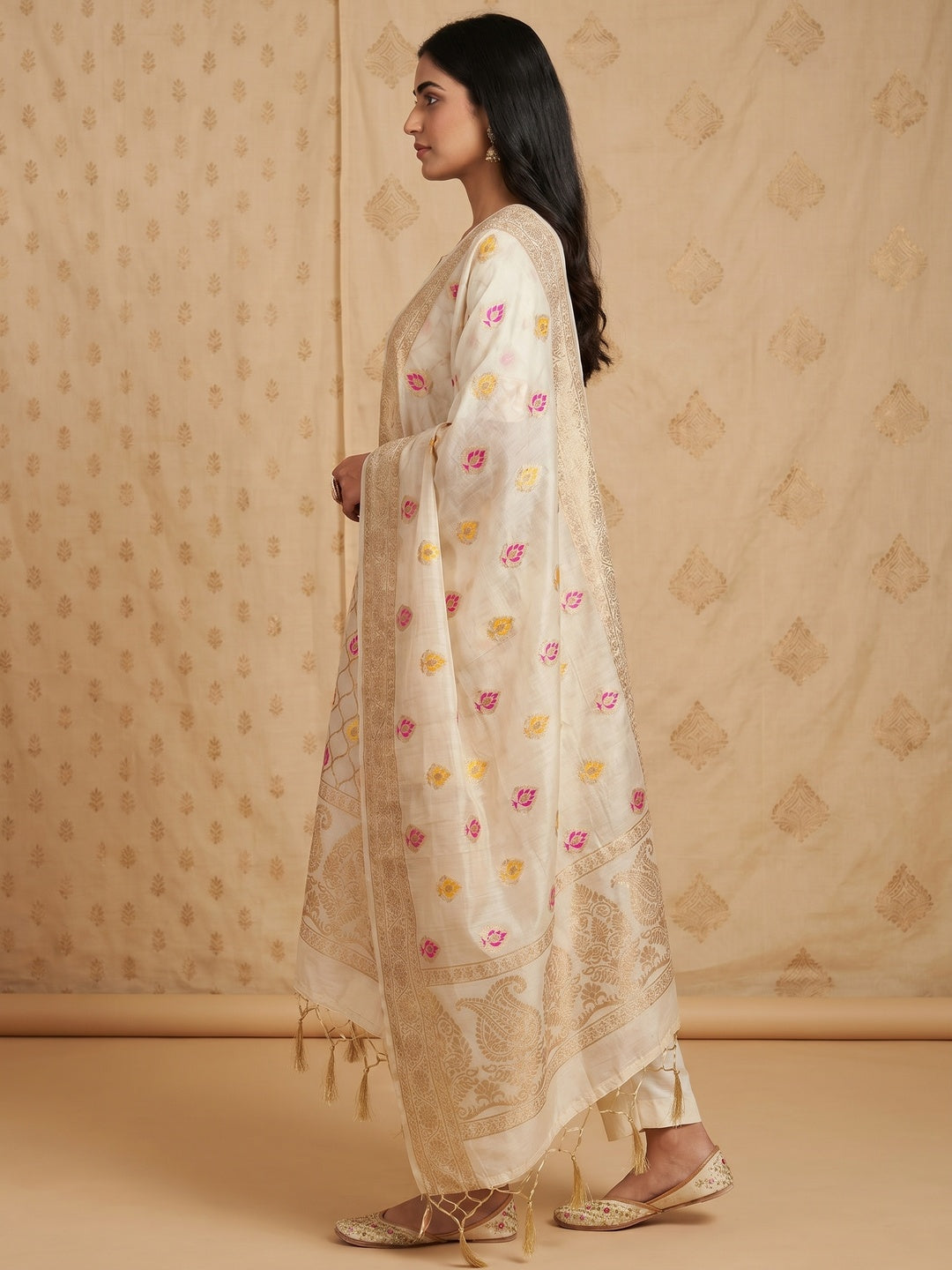 Off White Woven Chanderi Dress Material - Image 3