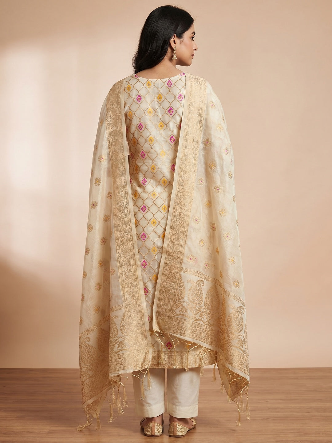 Off White Woven Chanderi Dress Material - Image 2