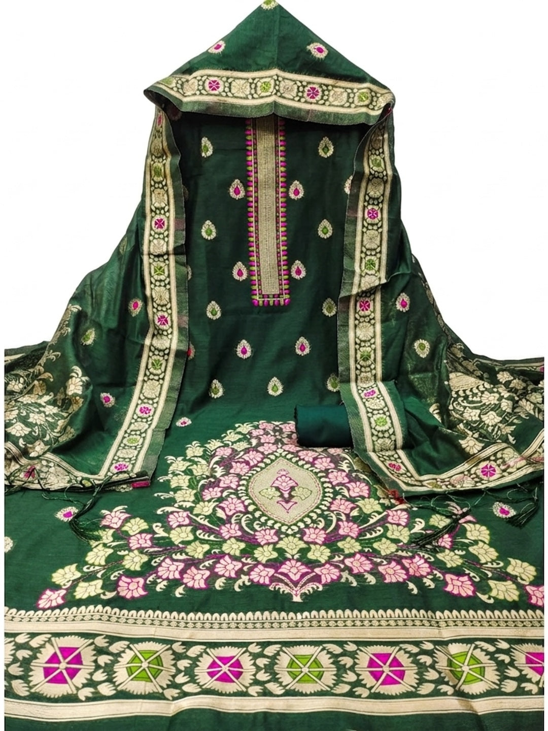 Bottle Green Floral Woven Chanderi Dress Material - Image 2
