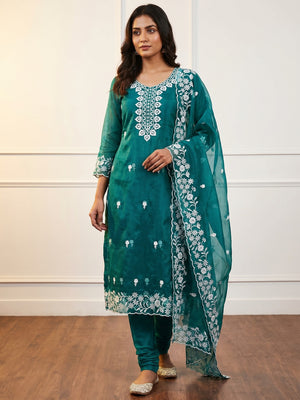 Teal Floral Embroidered Organza Dress Material - Image 1
