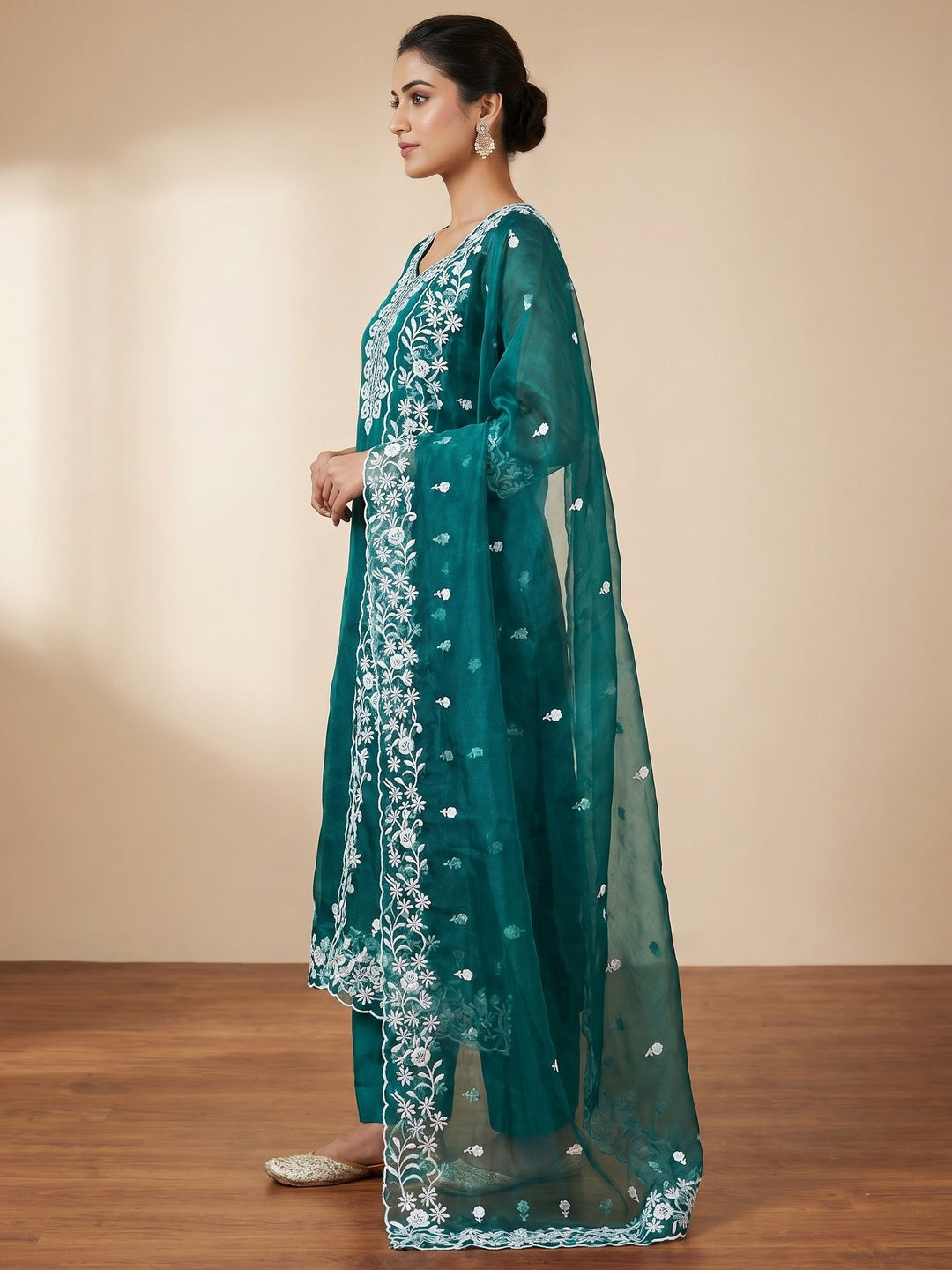 Teal Floral Embroidered Organza Dress Material - Image 3