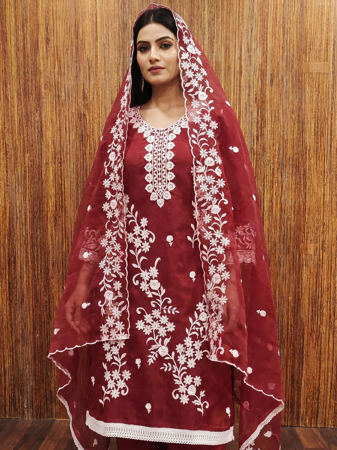Maroon Floral Embroidered Organza Dress Material - Image 1