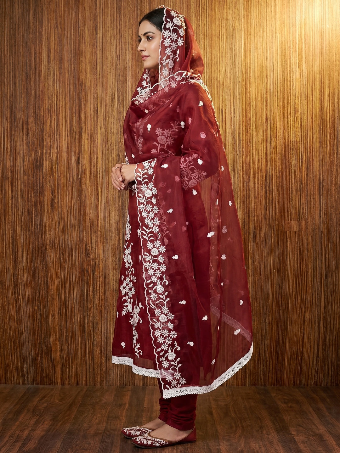 Maroon Floral Embroidered Organza Dress Material - Image 2