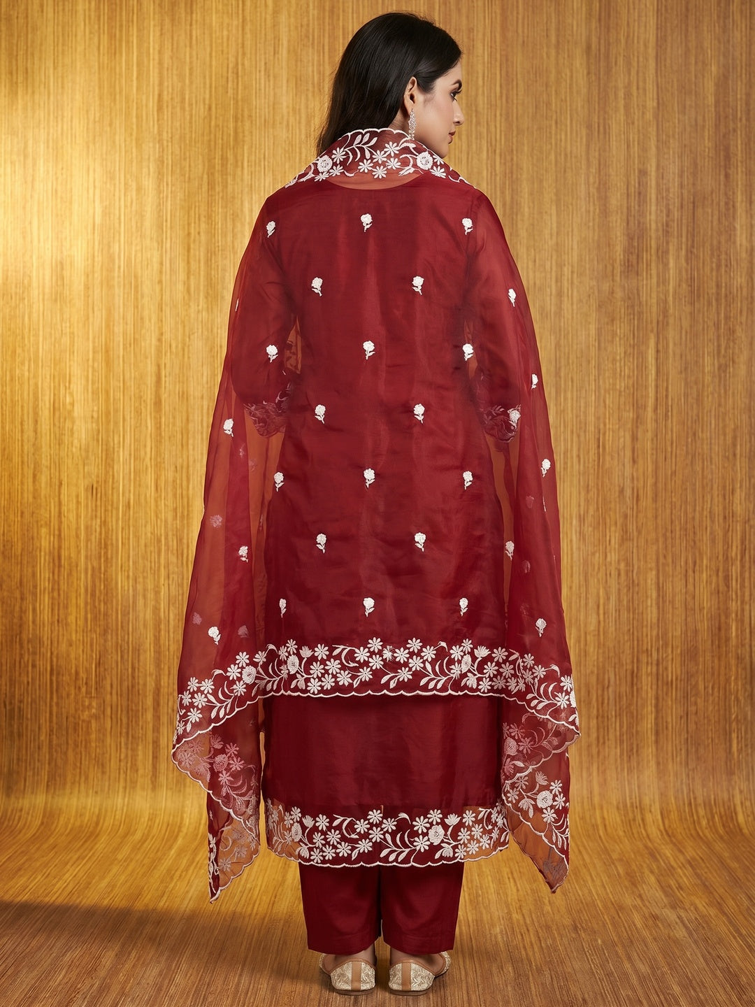 Maroon Floral Embroidered Organza Dress Material - Image 3