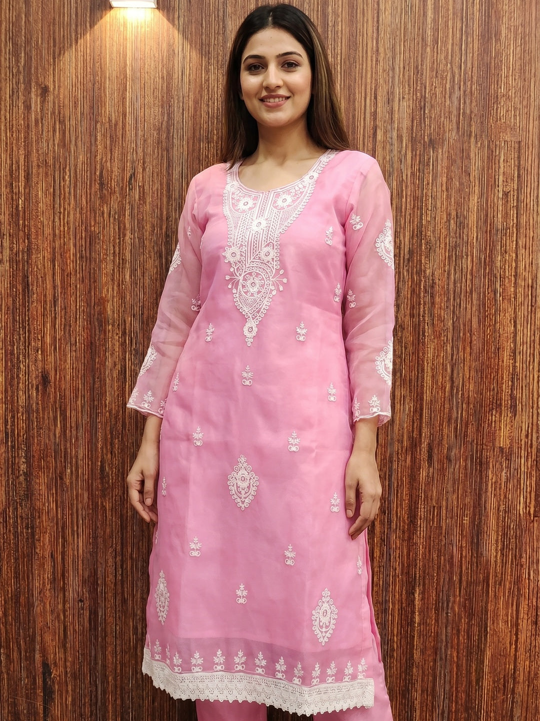Pink Floral Embroidered Organza Dress Material - Image 1