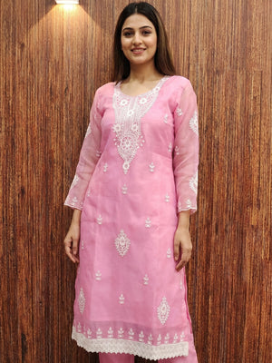 Pink Floral Embroidered Organza Dress Material - Image 1