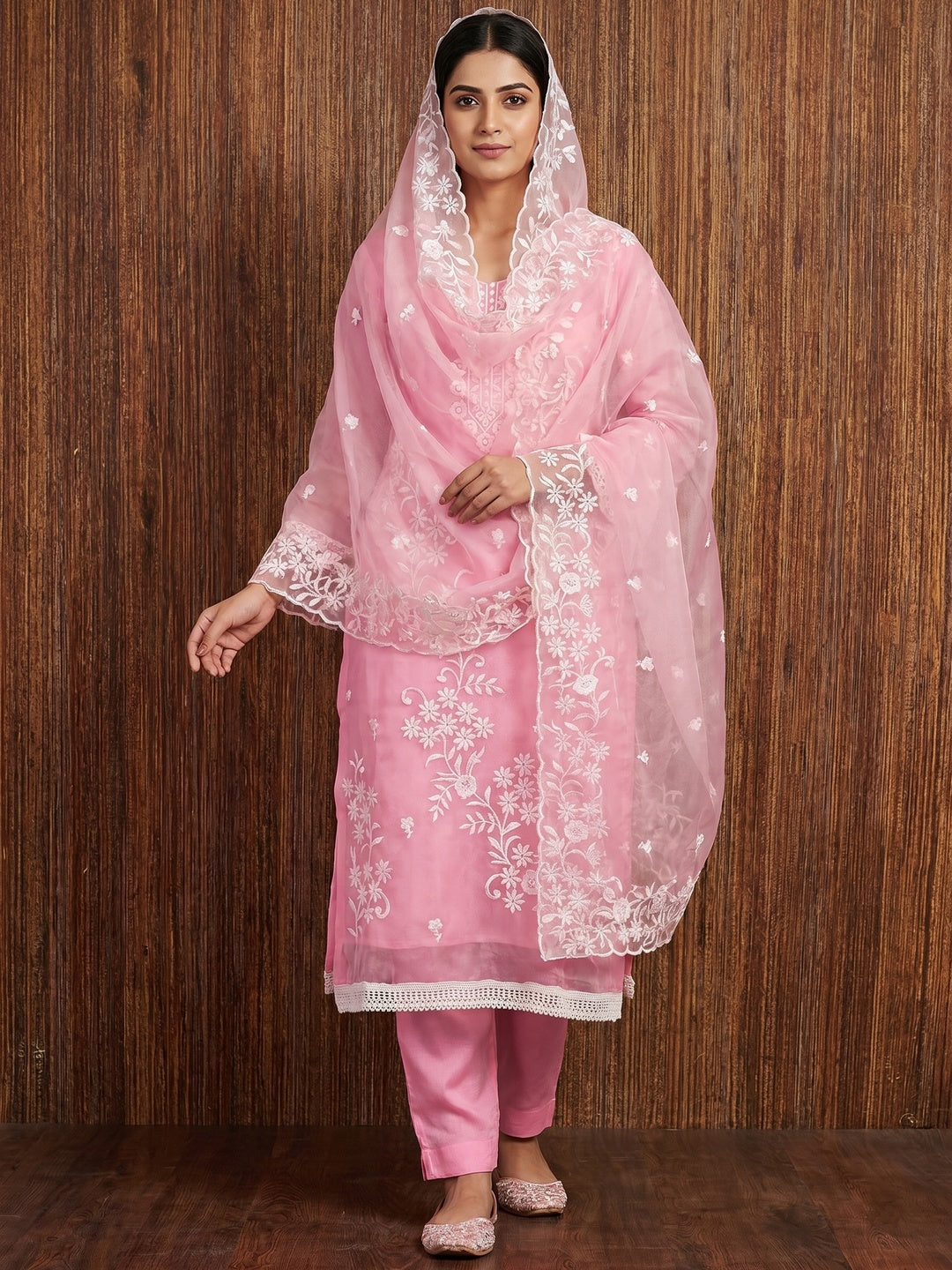 Pink Floral Embroidered Organza Dress Material - Image 1