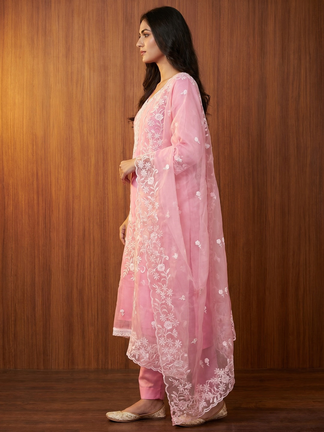 Pink Floral Embroidered Organza Dress Material - Image 3