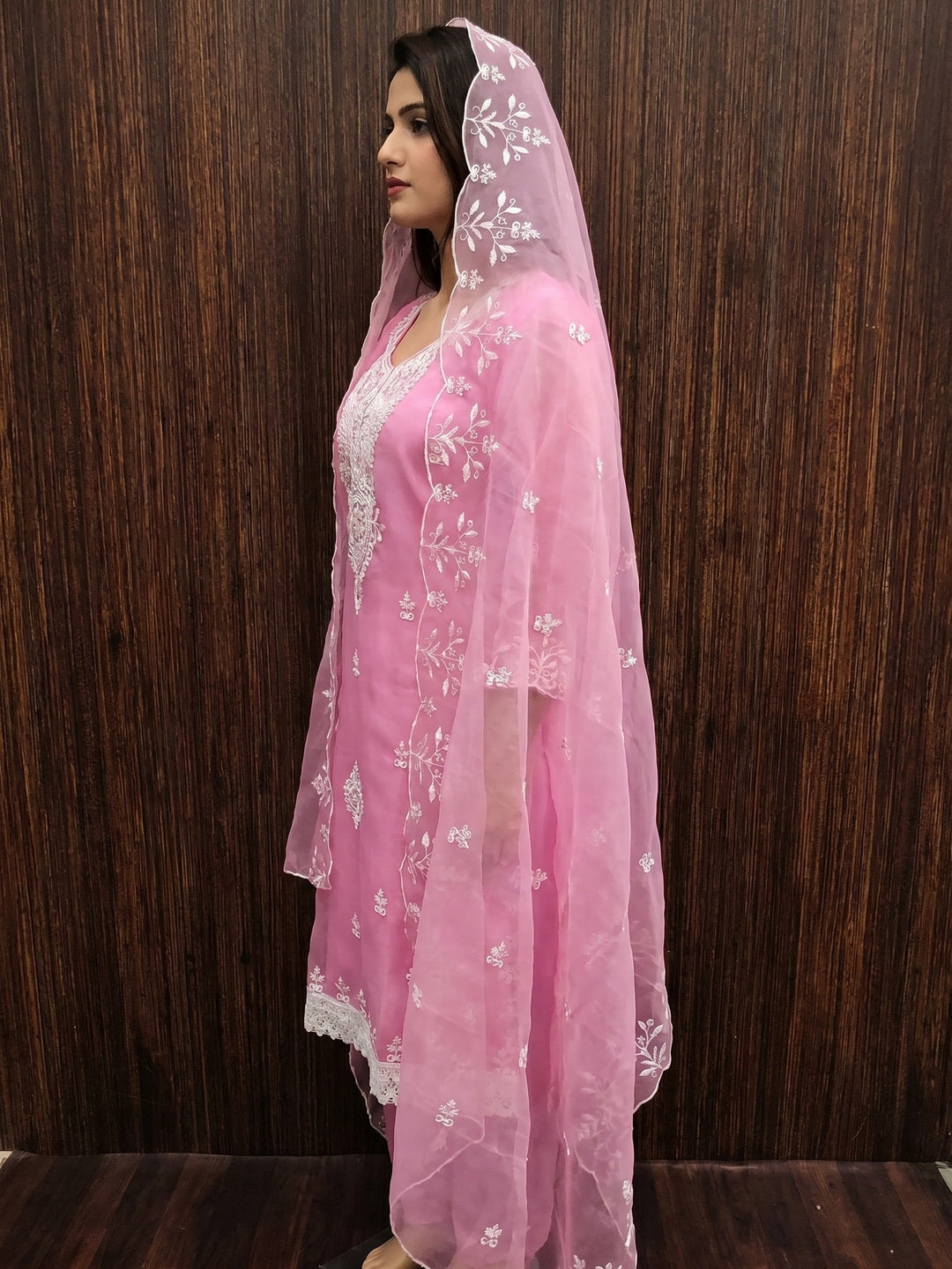 Pink Floral Embroidered Organza Dress Material - Image 2
