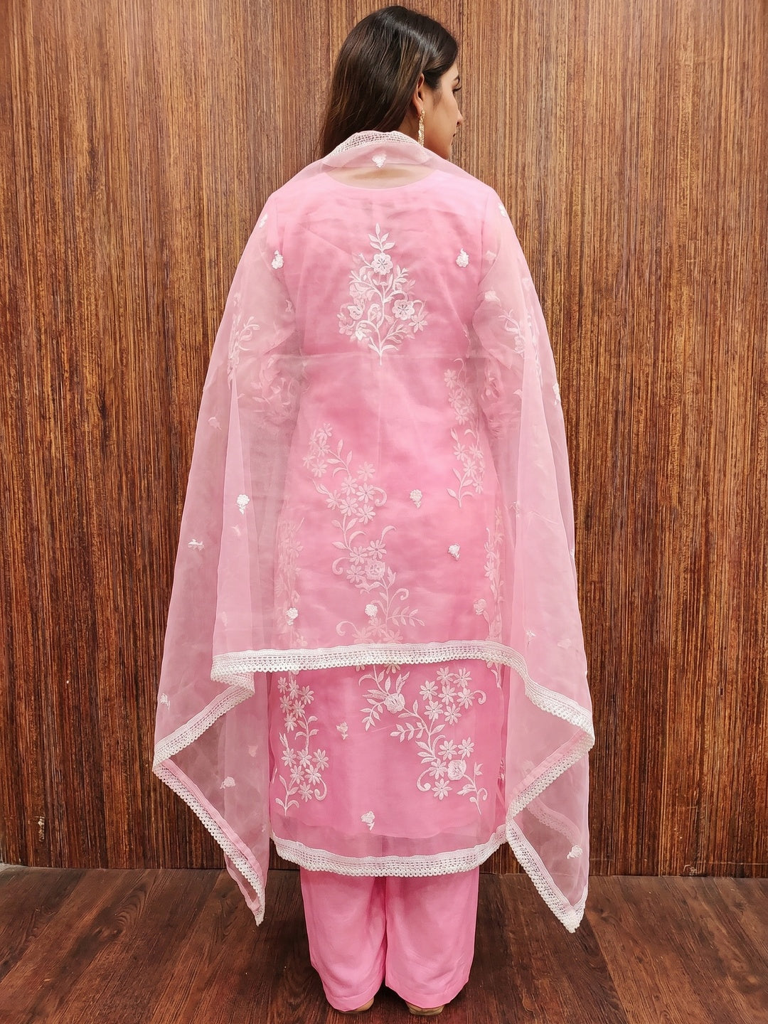 Pink Floral Embroidered Organza Dress Material - Image 2