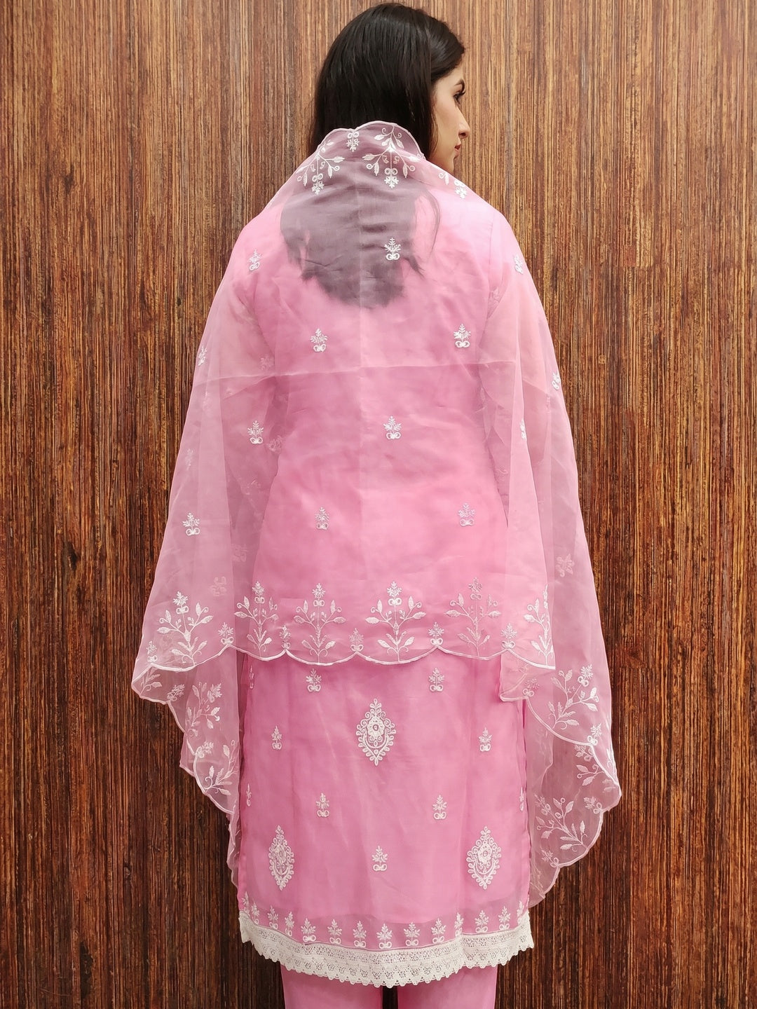 Pink Floral Embroidered Organza Dress Material - Image 3