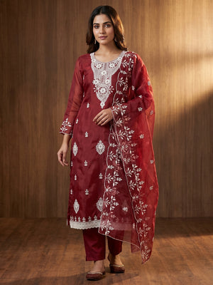 Maroon Floral Embroidered Organza Dress Material - Image 1