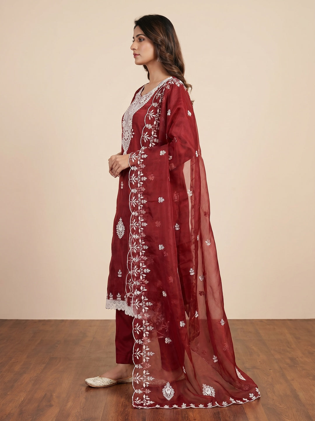Maroon Floral Embroidered Organza Dress Material - Image 3