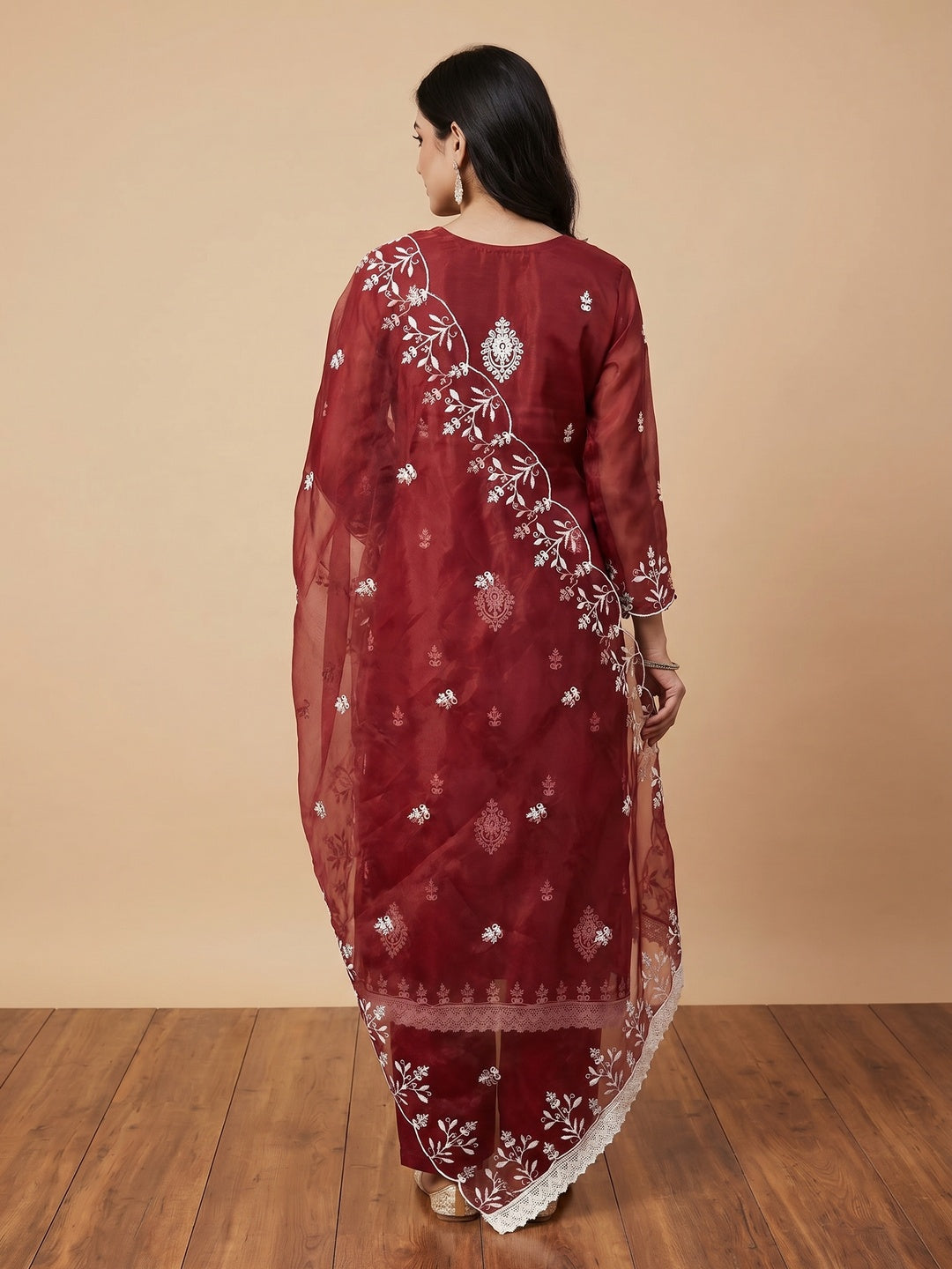 Maroon Floral Embroidered Organza Dress Material - Image 2