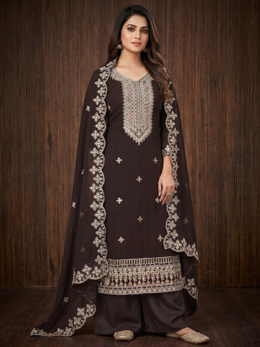 Brown Floral Embroidered Georgette Dress Material - Image 1