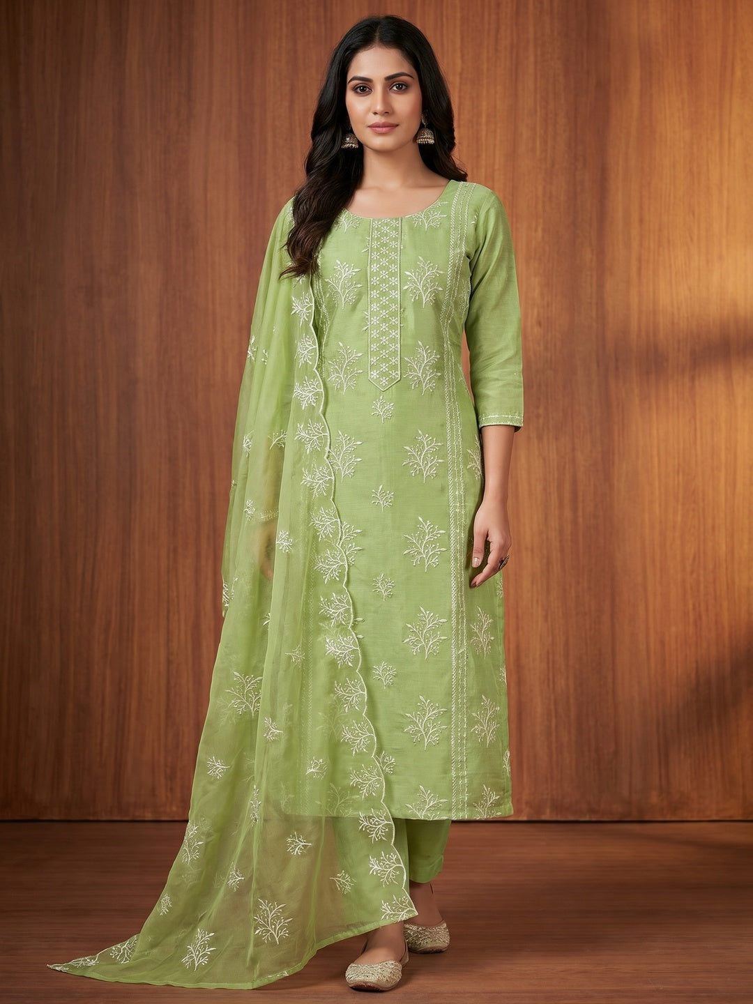 Green Embroidered Chanderi Dress Material - Image 1
