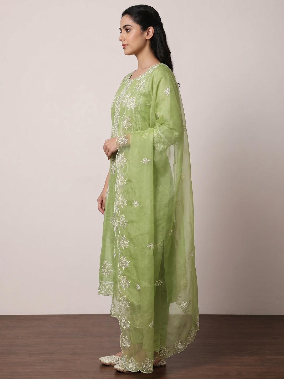 Green Embroidered Chanderi Dress Material - Image 3