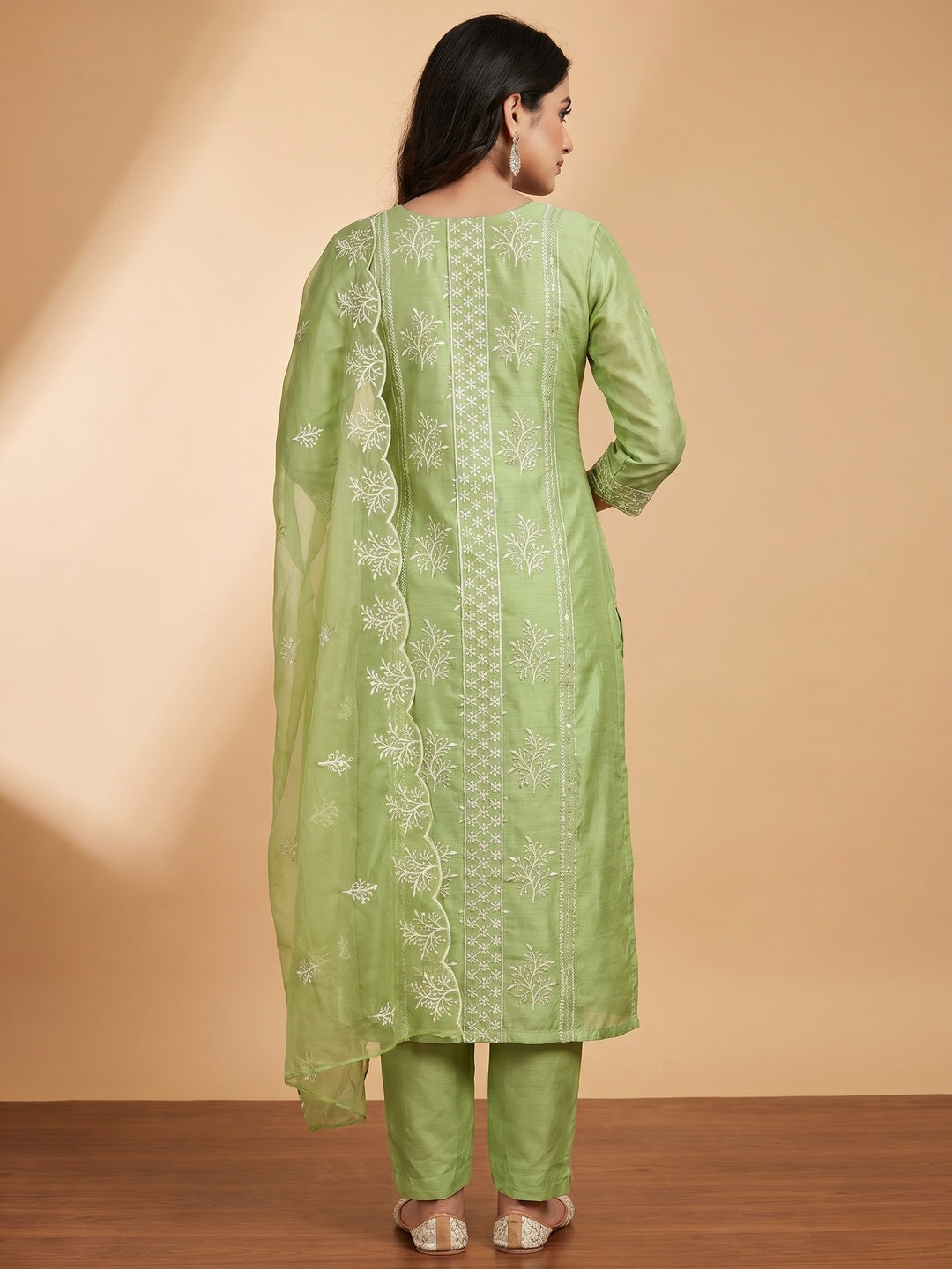 Green Embroidered Chanderi Dress Material - Image 2