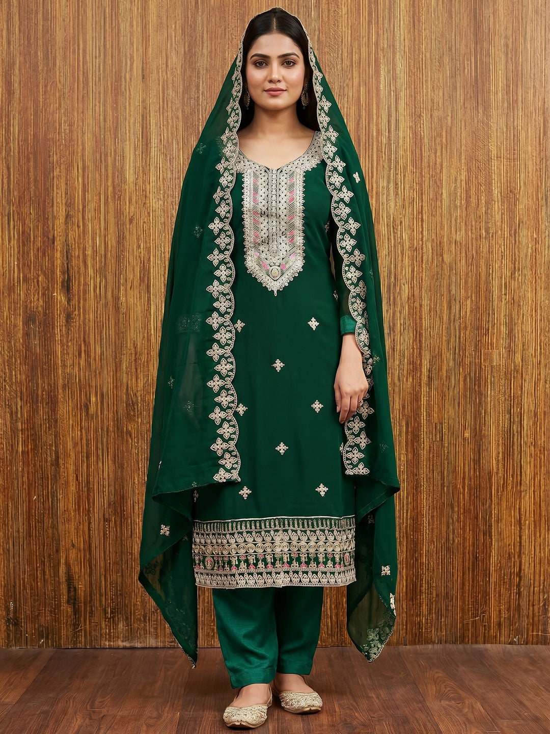 Green Floral Embroidered Georgette Dress Material - Image 1