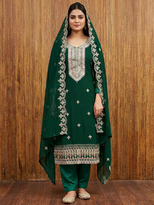 Green Floral Embroidered Georgette Dress Material - Image 1