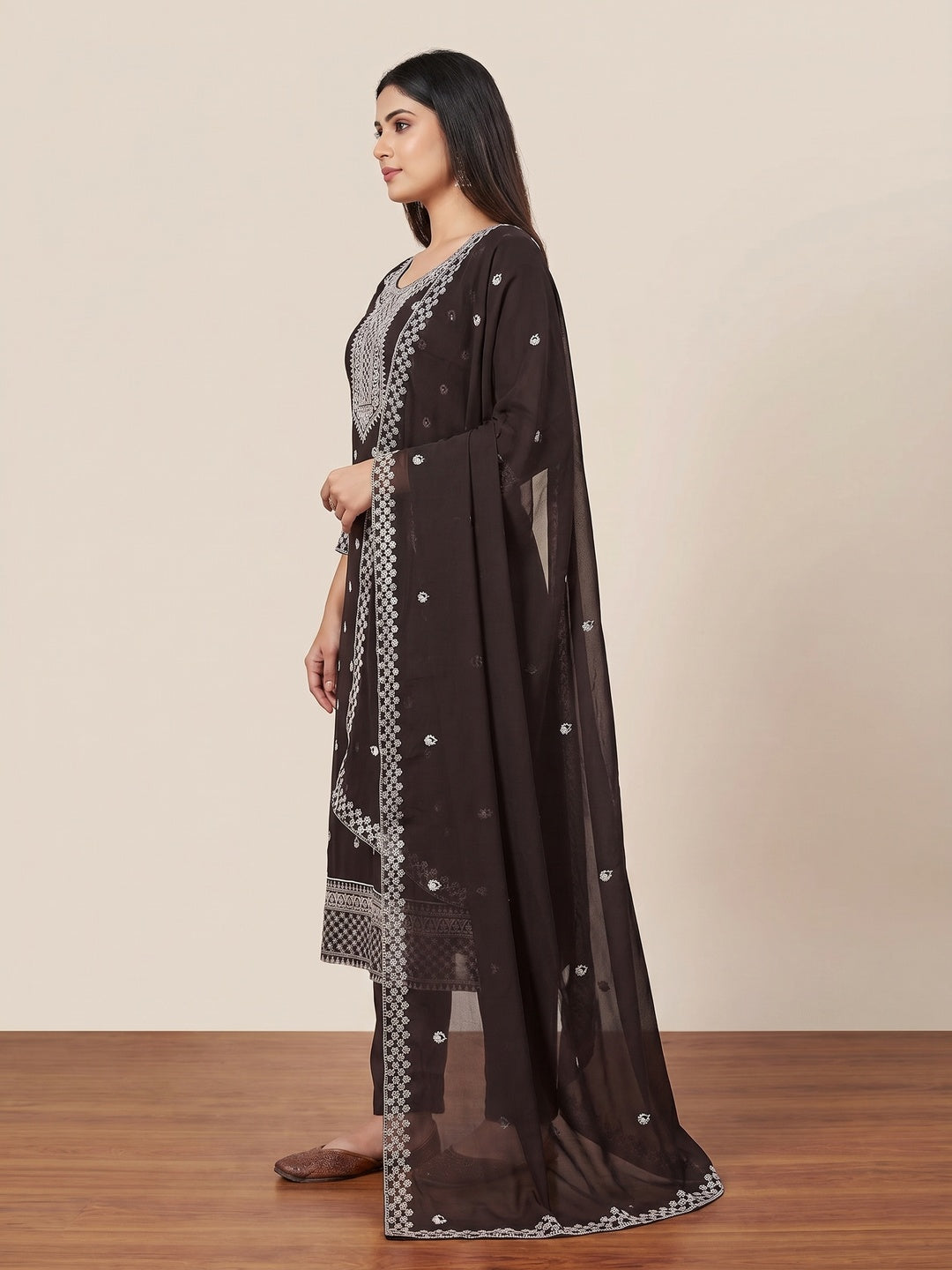 Brown Embroidered Georgette Dress Material - Image 3