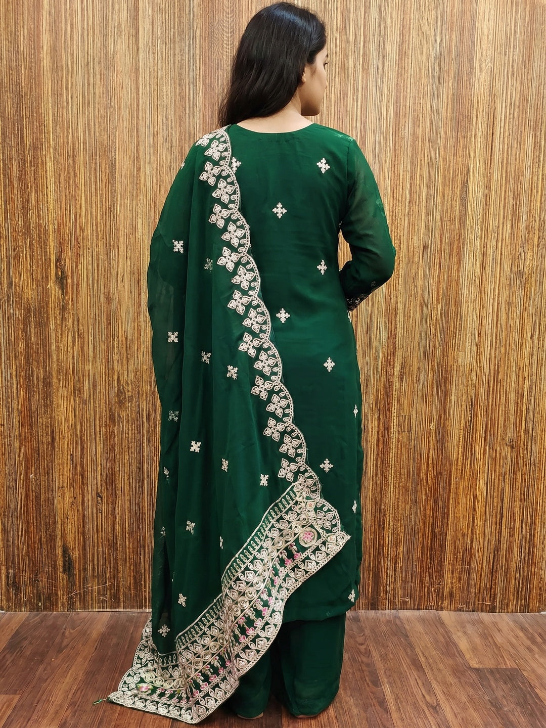 Green Floral Embroidered Georgette Dress Material - Image 2
