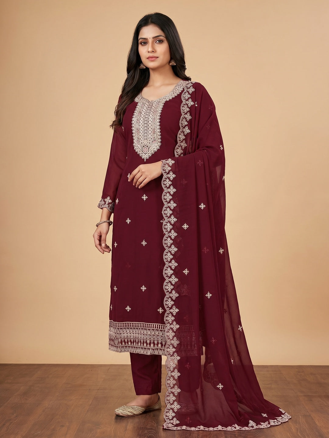 Maroon Floral Embroidered Georgette Dress Material - Image 1