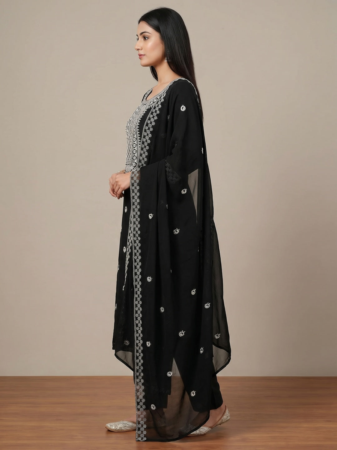 Black Embroidered Georgette Dress Material - Image 2