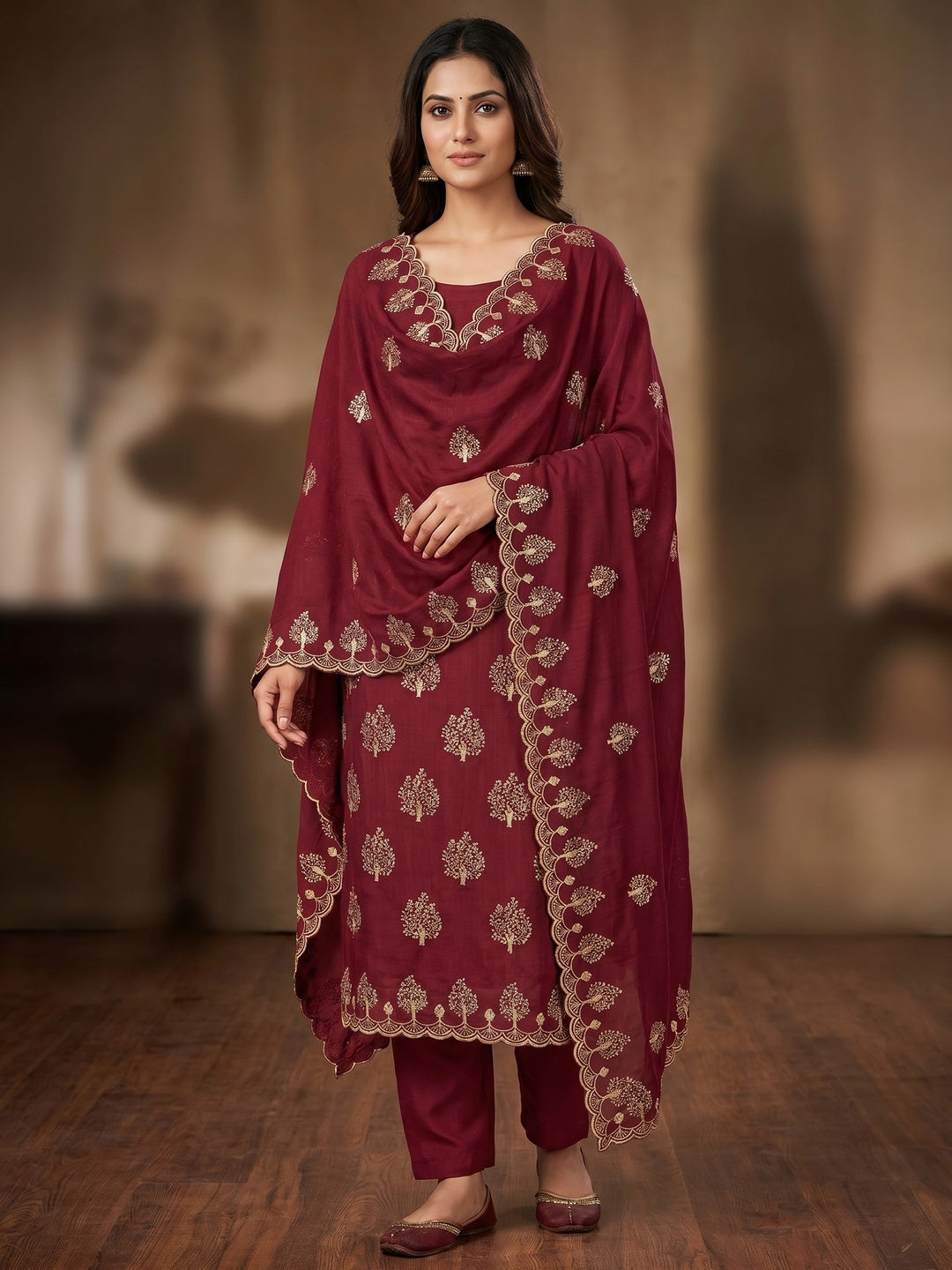 Maroon Sequins Embroidered Vichitra Silk Dress Material - Image 1