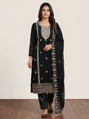 Black Sequins Embroidered Georgette Dress Material - Image 1