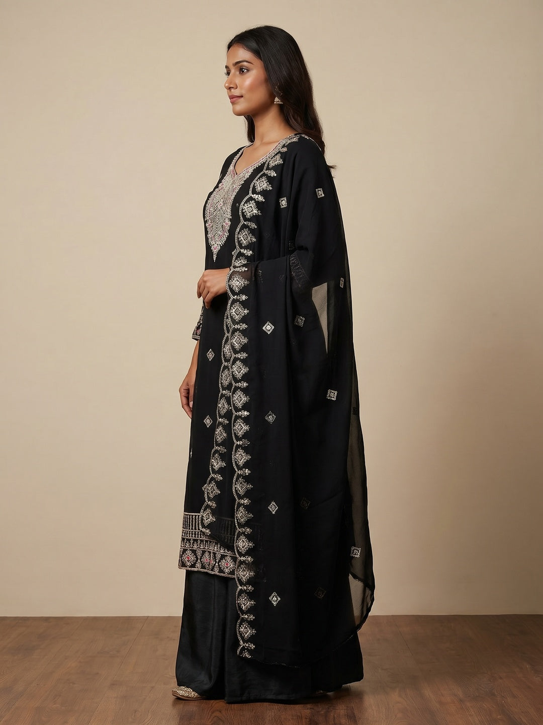 Black Sequins Embroidered Georgette Dress Material - Image 3