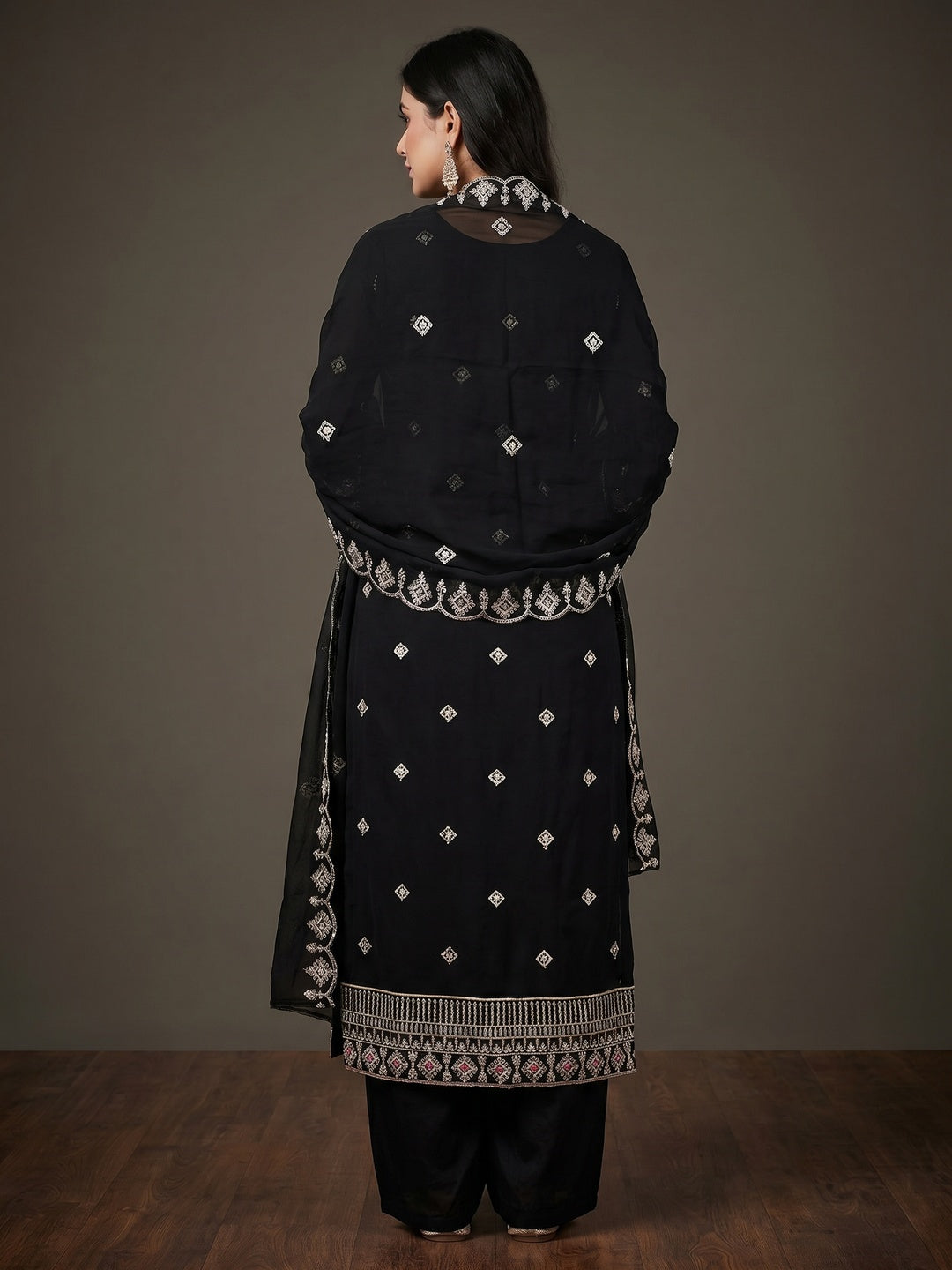 Black Sequins Embroidered Georgette Dress Material - Image 2