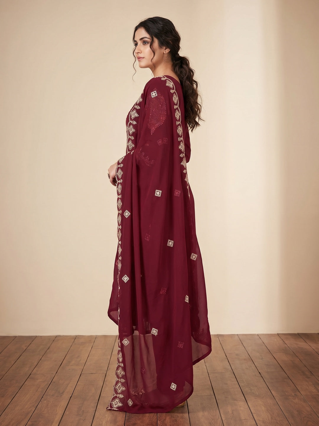Maroon Sequins Embroidered Georgette Dress Material - Image 2