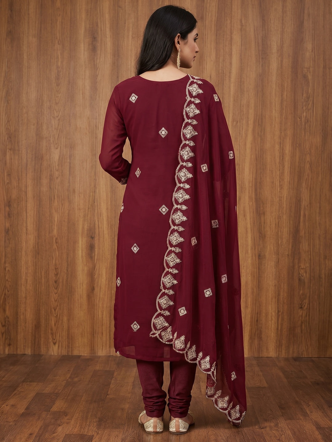 Maroon Sequins Embroidered Georgette Dress Material - Image 3