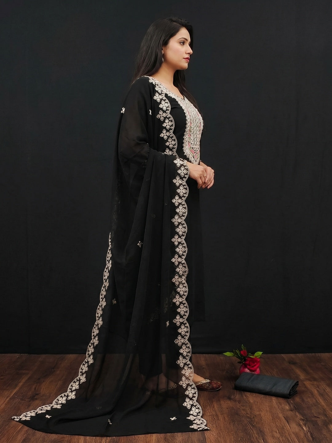 Black Floral Embroidered Georgette Dress Material - Image 2