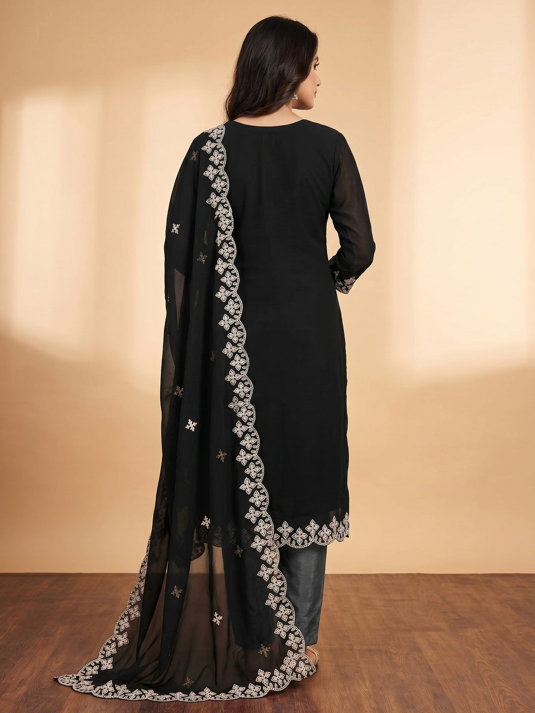 Black Floral Embroidered Georgette Dress Material - Image 3